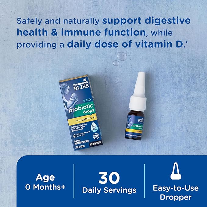 Mommy's Bliss Baby Probiotics + Vitamin D DropsSupports Digestive Health &amp Immune Function*400IU Vitamin DSupports Bone Development*Newborns+Flavorless0.34 Fl Oz (30 Servings)(Pack of 2)