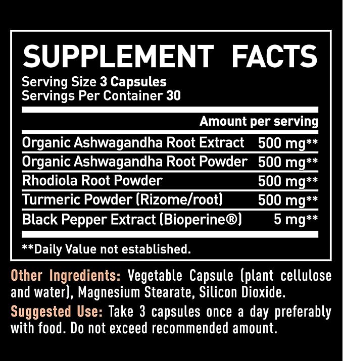 Zeal Naturals Adaptogenic Ashwagandha Complex | 2005mg 90 Capsules | Organic Ashwagandha Root Powder + Rhodiola Rosea + Turmeric | 3-in-1 Stress Relief Energy &amp Joint Support Supplement