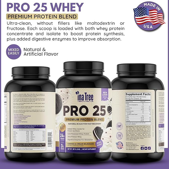 Pro 25 Premium Protein Blend Ultra-Pure Whey Protein Powder with Natural BCAAS for Fast Recovery Digestive Enzymes for Absorption Low Sugar Cookies and Cream Milkshake (2lb)
