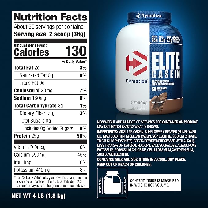Dymatize Elite Casein Protein Powder Chocolate 100% Micellar Casein 25g Protein 5.4g BCAAs 2.3g Leucine Slow Absorbing for Overnight Muscle Recovery 4 lb (50 Servings)