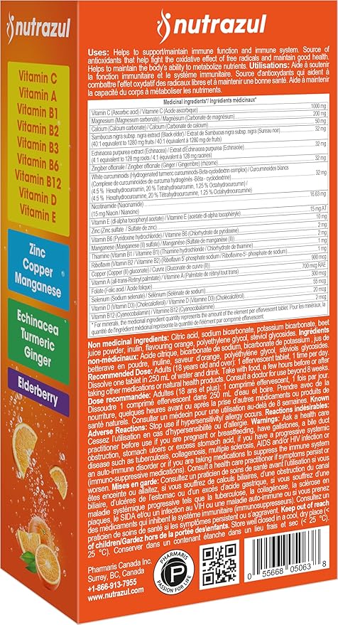 nutrazul Super Immune 30 Effervescent Tablets 20 Vitamins &amp Minerals Herbal Extracts to Support Daily Routine Vitamin C Zinc Elderberry &amp Echinacea Gluten-Free Sugar-Free Orange Flavor