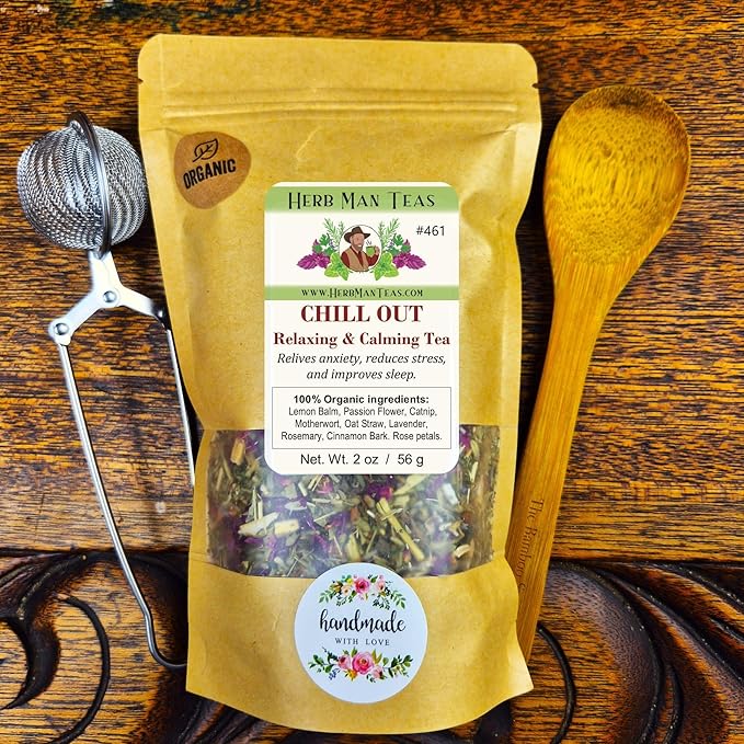 CHILL OUT RELAXING TEA – Calm &amp Stress Relief Support – Organic Loose Leaf – by Master Herbalist Khabir | Lemon Balm Passionflower &amp Lavender | 100% Organic