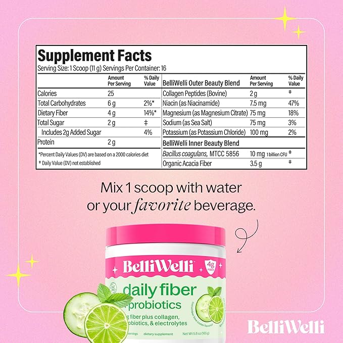 Daily Fiber Supplement Bundle with Collagen Probiotics Electrolytes &amp Hydration Support - Cucumber Lime Mint &amp Peach Mango Flavors - Promotes Digestive Skin Health Gut Balance - 32 Serving