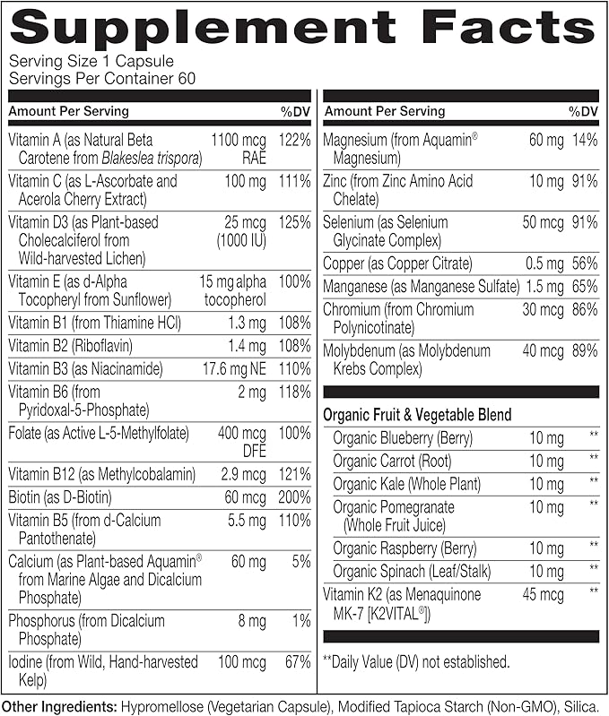 NATURELO Mens Multivitamins for Men 50+ - One Daily Multivitamin for Men with Vitamins Minerals &amp Organic Whole Foods Boost Energy &amp Health Non-GMO 60 Vegetarian Capsules