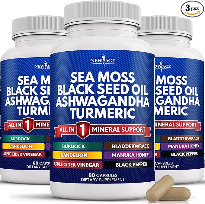 NEW AGE Silica Sea Moss Black Seed Oil Ashwagandha Turmeric Bladderwrack Burdock - with Manuka Honey Dandelion ACV Black Pepper Gluten Free