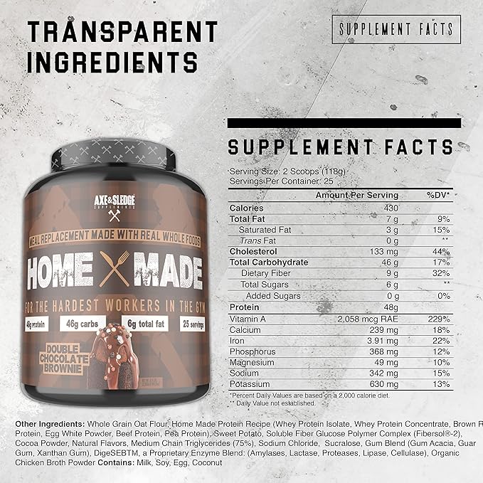Axe &amp Sledge Supplements Home Made Whole-Foods-Based Meal Replacement Powder with Digestive Enzymes Protein Carbohydrates and Fats 25 Servings Chocolate Brownie