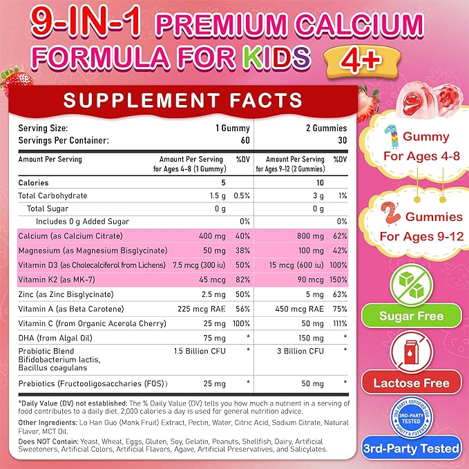 Kids Calcium Gummies with D3 &amp Magnesium for 4+: Sugar Free Calcium Citrate with Vitamin D3 K2 Zinc Probiotics &amp Prebiotics for Kids - Gluten Free Non-GMOVegan Natural Strawberry Flavor