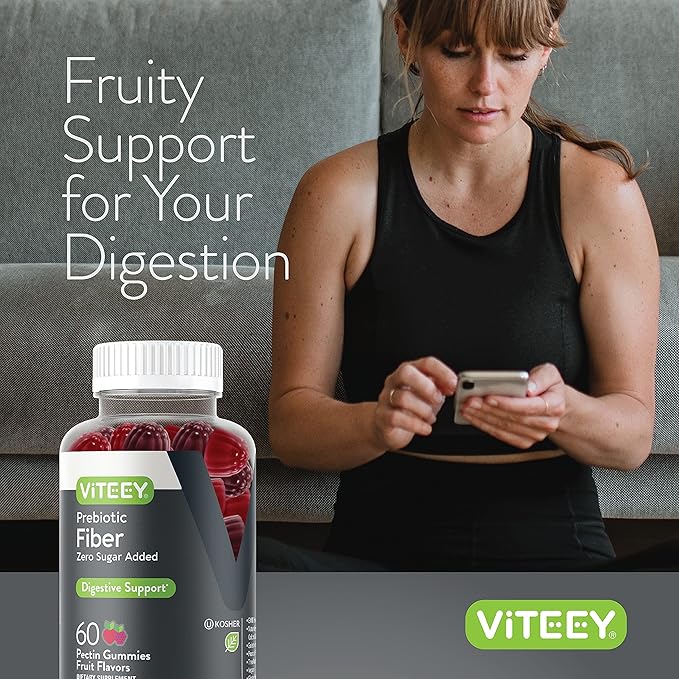 VITEEY Prebiotic Fiber Gummies for Adults 4g - Gut Health &amp Digestive Soluble Fiber Supplement Gummies - Zero Sugar Added Vegan Gluten-Free - 120 Count