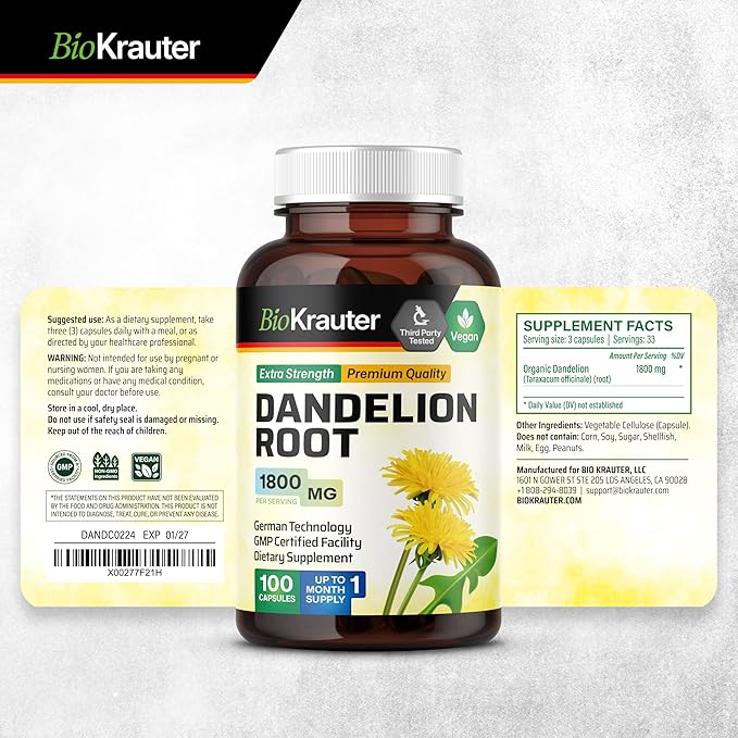 BIO KRAUTER Dandelion Root 100 Capsules &amp Milk Thistle 250 Capsules.