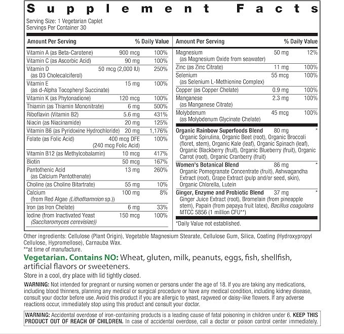 Rainbow Light Womens Multivitamin One + | 30 Caplets | Real Food Nutrients Digestive Enzymes &amp Probiotics