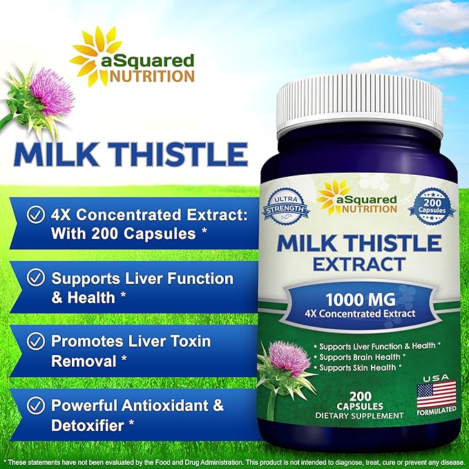 aSquared Nutrition Milk Thistle Supplement - 200 Capsules Max Strength 4X Concentrated Extract 4:1 Milk Thistle Seed Powder Herb Pills Silymarin Extract for Liver Support Cleanse Detox
