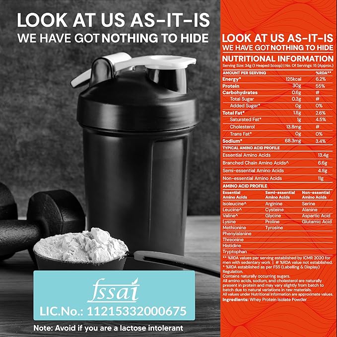 AS-IT-IS Nutrition Whey Protein Isolate 90% - 500 Gms/17.6 Oz | Protein 27g &amp Bcaa 5.9g Per Serving Unflavoured Cross-flow Microfiltered Natural Zero Fat Zero Sugar