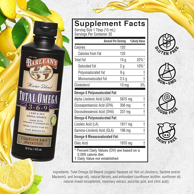 Barlean's Total Omega 3 6 9 Liquid Fish Oil Supplement with Borage and Flaxseed Oil 6468 mg of Omegas EPA DHA ALA and GLA for Joint and Heart Health 16 oz
