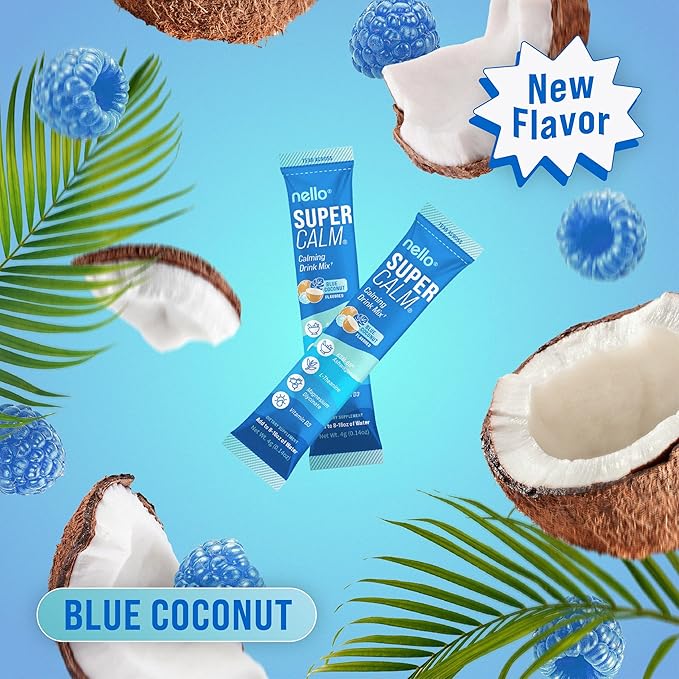Nello Supercalm Drink Mix - Blue Coconut and Tropical Tangerine Ashwagandha KSM 66 Magnesium Glycinate &amp L-Theanine Supplement - Focus and Relaxation Support (2 x 20 Travel Packets)