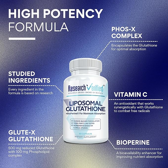 Research Verified® Glutathione - Liposomal Glutathione 500mg with Phospholipid Complex Vitamin C Bioperine® - Vegan - 60 Capsules Per Bottle (6 Bottles)