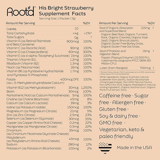 Root'd Multivitamin Powder for Men - 24 Vitamins &amp Minerals with 3X Electrolytes 9 Organic Superfoods Probiotics &amp Enzymes Sugar-Free Multivitamin &amp Hydration | 15 Vitamin Drink Mix Pac