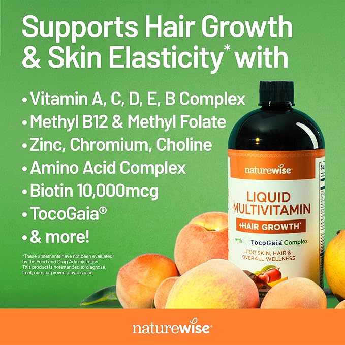 NatureWise Liquid Multivitamin Hair Growth for Women &amp Men + Tocogaia® for Hair Growth &amp Skin Elasticity Support + Biotin Vitamin D E B - Sugar Free Multivitamin Vegan - 15 fl oz[15 Servin