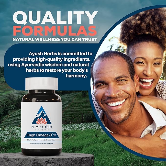 Ayush Herbs High Omega 3 - Omega 3 Fish Oil 1000mg Per Capsule EPA &amp DHA Fish Oil Supplement for Women &amp Men Natural Lemon Flavor - 60 Softgel Capsules (1 Count)