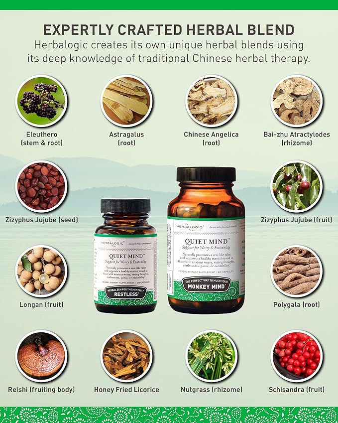 Herbalogic - Quiet Mind Herb Capsules - Non-Sedating Promotes a Feeling of Zen-Like Calm - Eases Anxious Worry and Panicky Mood - Based on The Traditional Chinese Formula GUI Pi Tang - 30 Cap Count
