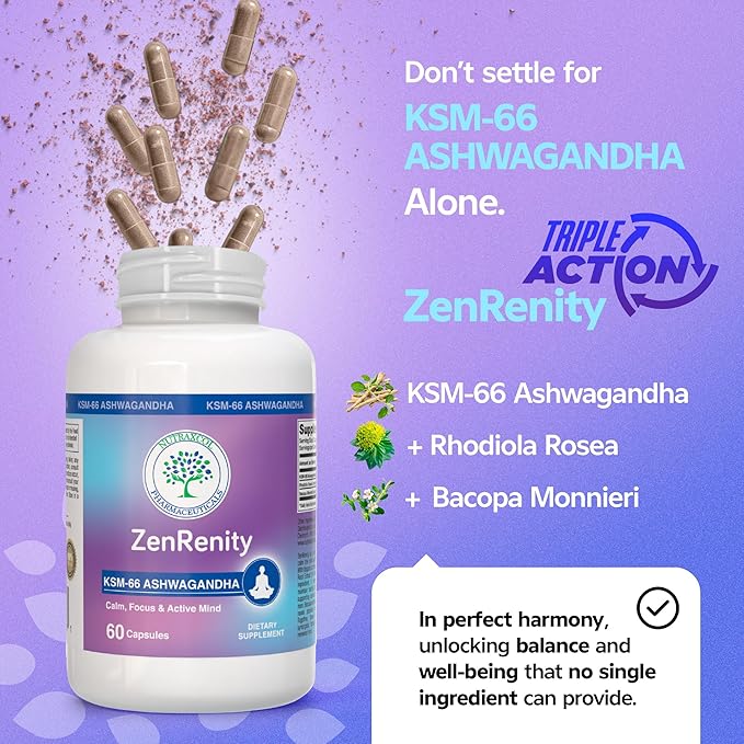 Nutraxcol ZenRenity – KSM-66 Ashwagandha for Women &amp Men with Rhodiola &amp Bacopa | Adaptogenic Blend for Mood Focus Energy &amp Daily Wellness – 60 Capsules