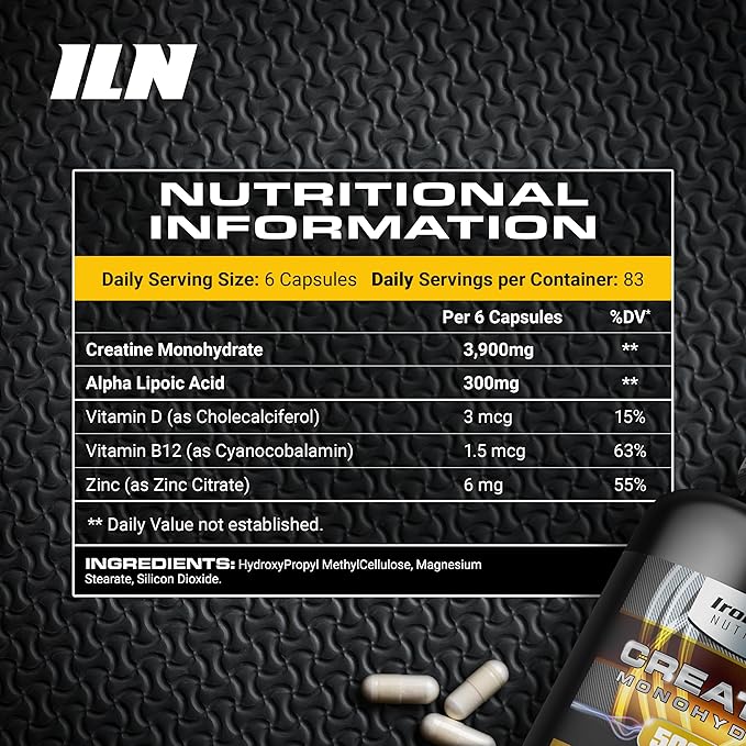 Iron Labs Nutrition Creatine Monohydrate (500 Capsules) - 3900mg Per Serving - Unflavoured Capsules - High Strength Creatine for Men &amp Women