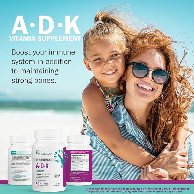 ADK Vitamin Supplement - Enhanced Bone Health with High Potency Vitamins A D3 K2 Gluten-Free 60 Capsules (Pack of 2)