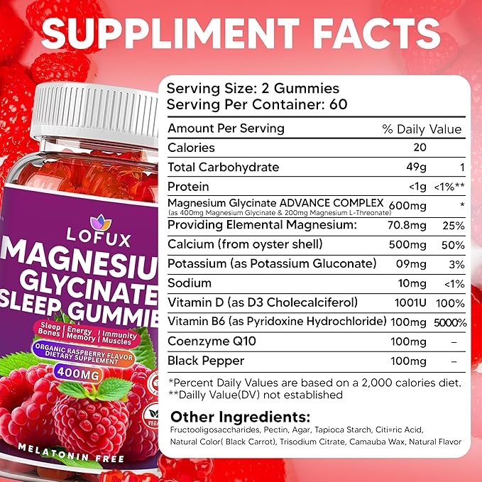 Lofux Magnesium Glycinate Gummies 400mg Sugar Free Magnesium Gummies for Adults Women Men Chewable Supplement Gummy with L-Threonate Vitamin D B6 CoQ10 - for Calm Sleep Body Relaxation 120 Ct