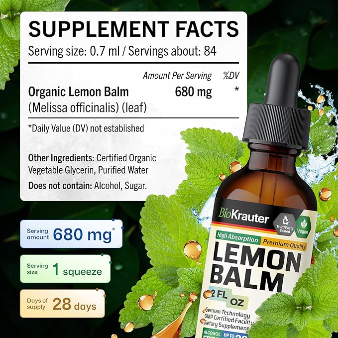 BIO KRAUTER® Lemon Balm Tincture 680 mg Melissa Officinalis - Pure Vegan Lemon Balm Extract 2 Fl.Oz 28 Days of Supply - Natural Calming &amp Sleep Support - Alcohol &amp Sugar Free - Digestion &amp