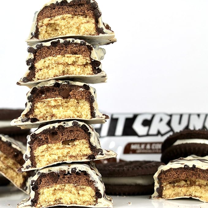 FITCRUNCH Full Size Protein Bars 6-Layer Baked Bar 8g of Sugar Gluten Free &amp Soft Cake Core (12 Bars Milk and Cookies)