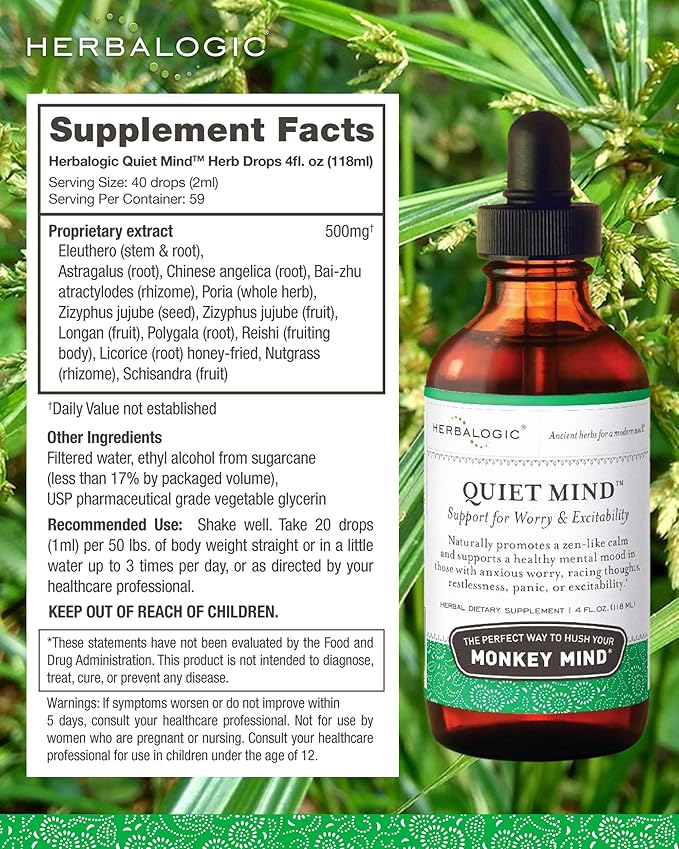 Herbalogic - Quiet Mind Liquid Herb Drops - Non-Sedating Promotes a Feeling of Zen-like Calm - Eases Anxious Worry and Panicky Mood - Based on the Traditional Chinese Formula Gui Pi Tang - 4 Fl. Oz.