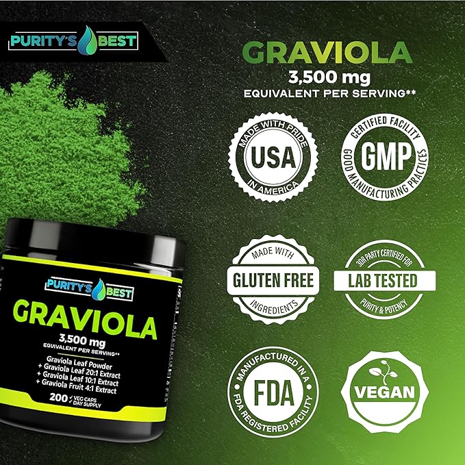 Purity's Best Graviola (Soursop) Supplement Concentrated 378 mg Formula Supports Immune Function &amp Antioxidant Protection 200 Veggie Capsules Made in USA.