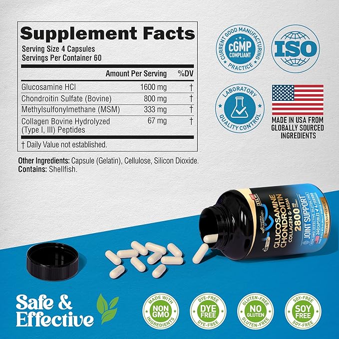 Glucosamine Chondroitin MSM Collagen | HSA | Joint Support Supplement 2800 mg | Made in USA | FSA Approved Product Items | Flexibility Nutritional Vitamins | For Men &amp Women 240 Capsules