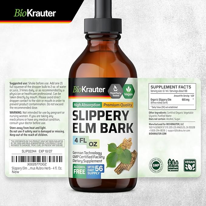 BIO KRAUTER Slippery Elm Tincture 4 Fl. Oz. &amp Milk Thistle 250 Capsules.