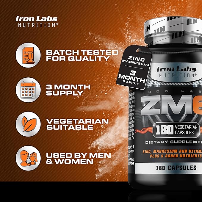 Iron Labs ZM6 - High Strength Zinc and Magnesium Supplement - 180 Vegetarian Capsules (3 Month Supply) - Super Enhanced Zinc Magnesium Aspartate and B6 Complex