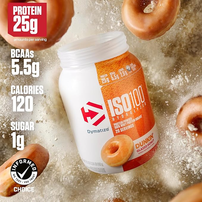 Dymatize x Dunkin' Glazed Donut ISO100 Whey Protein Powder 25g of Protein 5.5g BCAAs 120 Cal. Gluten Free 1g Fat 1g Sugar 2g Carb (20 Servings)