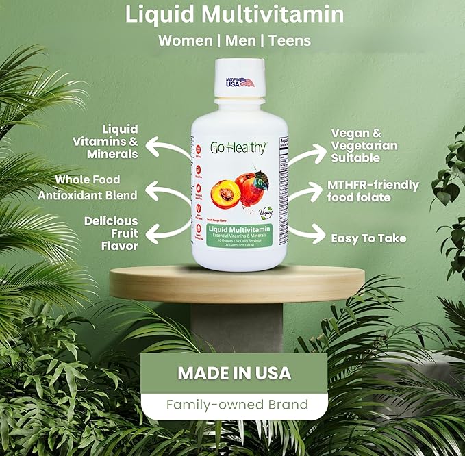 Go Healthy Liquid Vitamins for Women Men Teens | Vegan Vitamin &amp Mineral | High Absorption | Premium Liquid Multivitamin | Immune Support | Peach Mango - 32 Servings
