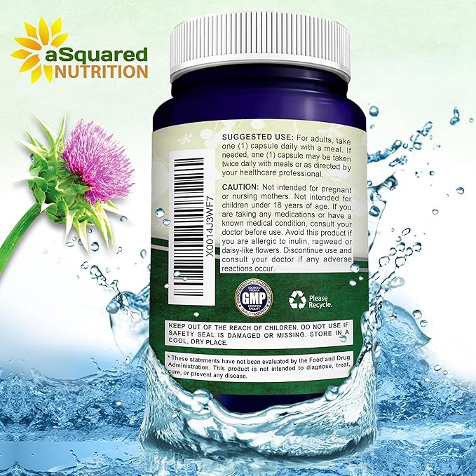 aSquared Nutrition Milk Thistle Supplement - 200 Capsules Max Strength 4X Concentrated Extract 4:1 Milk Thistle Seed Powder Herb Pills Silymarin Extract for Liver Support Cleanse Detox