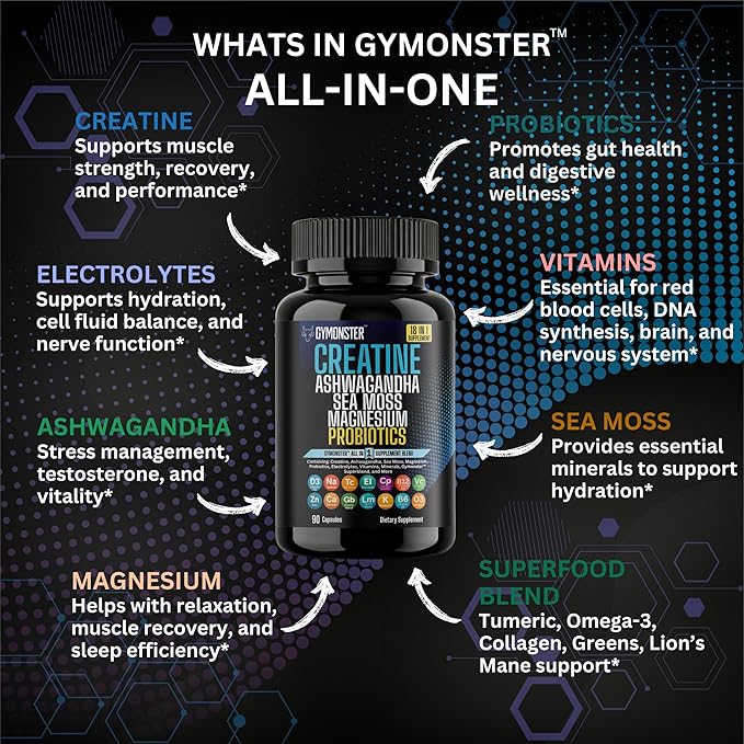 Creatine All in One Supplement Capsules – Ashwagandha – Sea Moss – Magnesium – Probiotics