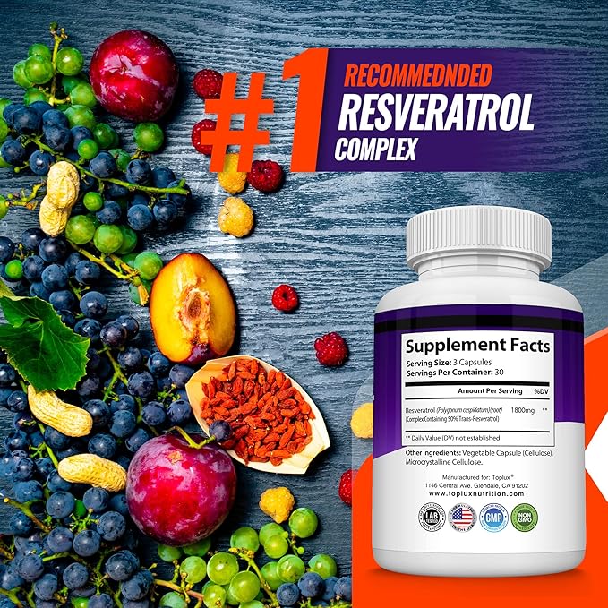 Resveratrol Supplement 1800 mg Antioxidant Complex - Highly Potent Natural Trans-Resveratrol Pills for Healthy Aging Overall Health Support Immune System Brain Function for Men Women 90 Capsules
