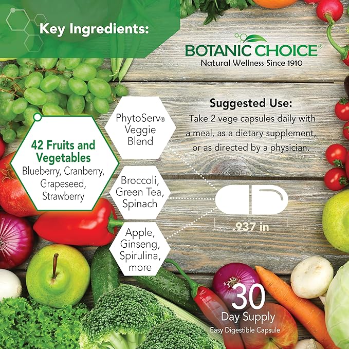 Botanic Choice Since 1910 - Mega Fruits &amp Veggies Blend - 42 Fruits and Vegetables - 2 Caps Daily - 60 Count Supplement