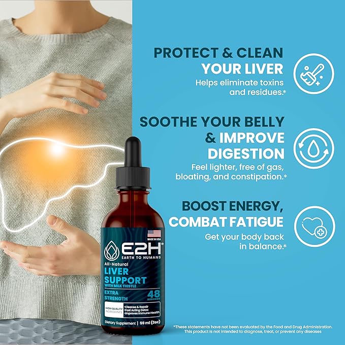 E2H Liver Support Supplement with Milk Thistle - Liver Cleanse Detox &amp Repair - Artichoke Extract Dandelion Root Chanca Piedra and More - Absorbent Liquid Formula (3 Bottles)
