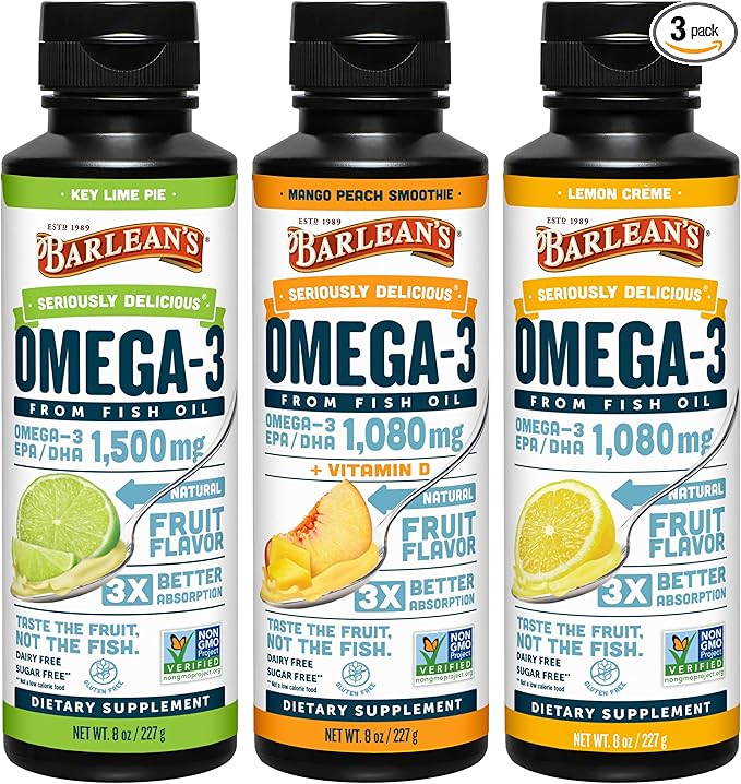 Barlean's Omega 3 Fish Oil Liquid Supplement for Men and Women 1500mg of EPA and DHA Fatty Acid Promotes Brain &amp Heart Health - Non-GMO Variety Pack 8 oz