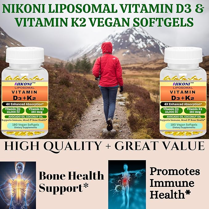 Nikoni Liposomal Vitamin D3 10000 IU Vitamin K2 (MK-7) 250 mcg Infused with Coconut &amp Avacado Oil Easy to Swallow Supports Calcium Absorption Bone Health 180 Vegan Softgels