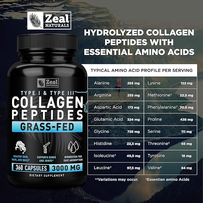 Collagen Peptides Capsules 360 Count - Grass Fed Bovine Hydrolyzed Collagen Pills - Hair Skin &amp Nails Joint Support - Collagen Supplements for Women &amp Men