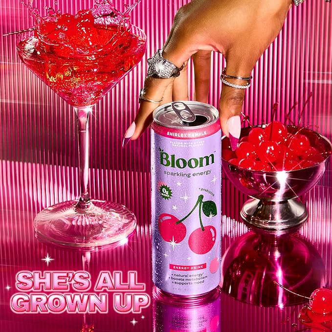Bloom Nutrition Sparkling Energy Drink - Natural Caffeine Zero Sugar 180mg Caffeine - Antioxidant-Rich with Green Coffee Bean Green Tea Extract Prebiotics - Shirley Temple- 12oz 12 Pack