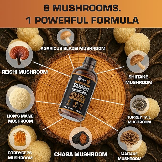 Mushroom Supplement - Lions Mane Reishi Cordyceps Chaga Turkey Tail Inulin &amp More Mushrooms For Immune Support Energy - Premium Nootropic Brain Supplements For Memory And Focus - Made in USA 2 FL