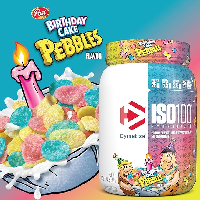 Dymatize ISO100 Whey Protein Powder Isolate Birthday Cake 25g of Protein 5 Pound 5.5g BCAAs Less Than 120 Cal. Gluten Free 1g Fat 1g Sugar 2g Carb (75 Servings)