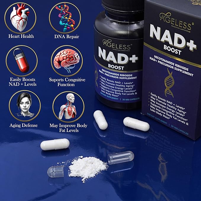 Ageless NAD+ Supplements for Women &amp Men | 300mg Nicotinamide Riboside Chloride | Dietary Supplement for Anti-Aging | Supports Energy Focus Stamina Fat Metabolism &amp Cognitive Function – 30