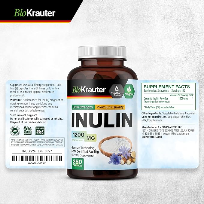 BIO KRAUTER® Inulin Powder from Chicory Root in Capsules 1200 mg per Serving 250 Count - Vegan &amp Pure Inulin Prebiotic Fiber for Gut &amp Digestive Support - No Fillers Non-GMO - 41 Days of Supp