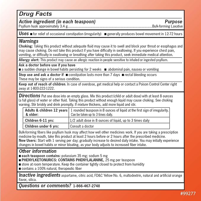 Quality Choice Psyllium Fiber Powder Sugar Free Orange Flavor Formula 114 Doses for Daily Digestive System Support. Promotes Regularity with Gentle Soluble Fiber in Convenient Powder Formula